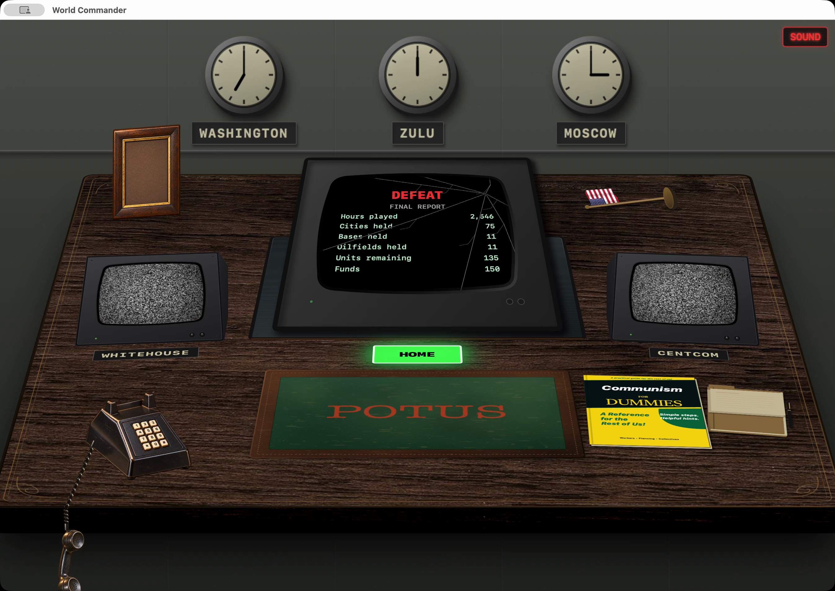 End-of-game command desk with a fallen flag and cracked defeat monitor