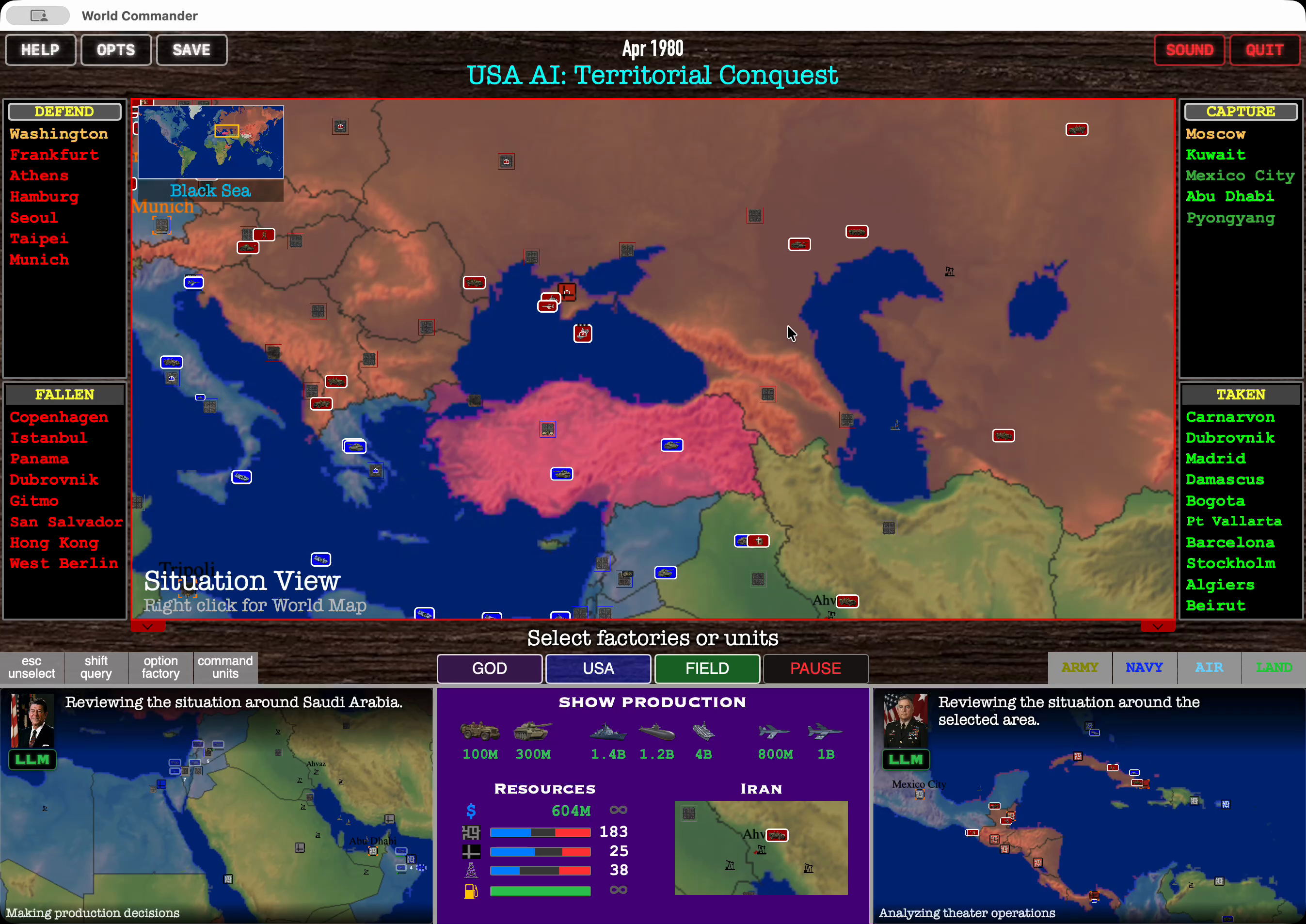 Active Situation View showing deployed forces around the Black Sea and Middle East